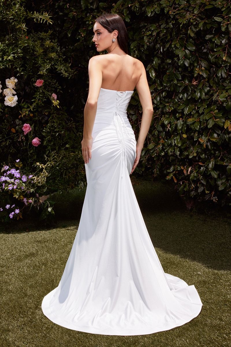 AVA POINTED V-NECKLINE GOWN - OFF WHITE - STRAPLESS STRETCH SPANDEX SATIN FITTED DRESS - Image 2