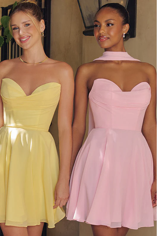 Ella Mini Dress - A-line Strapless Chiffon Cocktail Dress With Scarf - Image 17