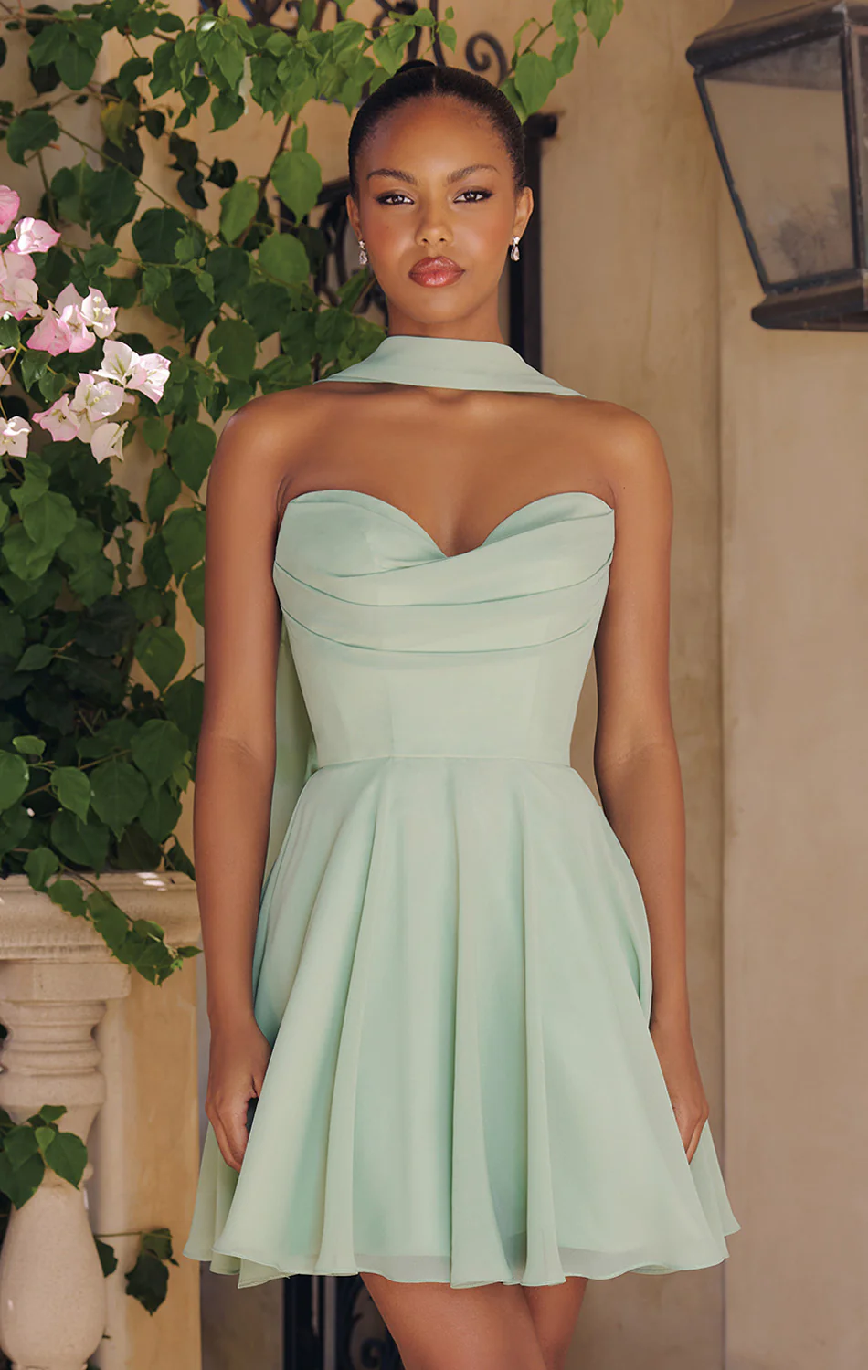 Ella Mini Dress - A-line Strapless Chiffon Cocktail Dress With Scarf - Image 5
