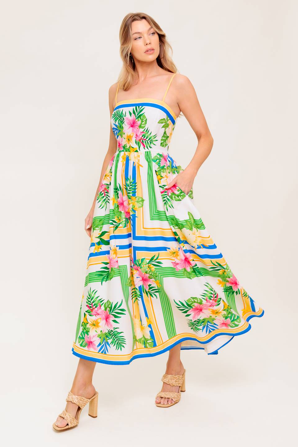 FLORAL HARMONY - FLOWER PRINT MIDI DRESS WITH POCKETS