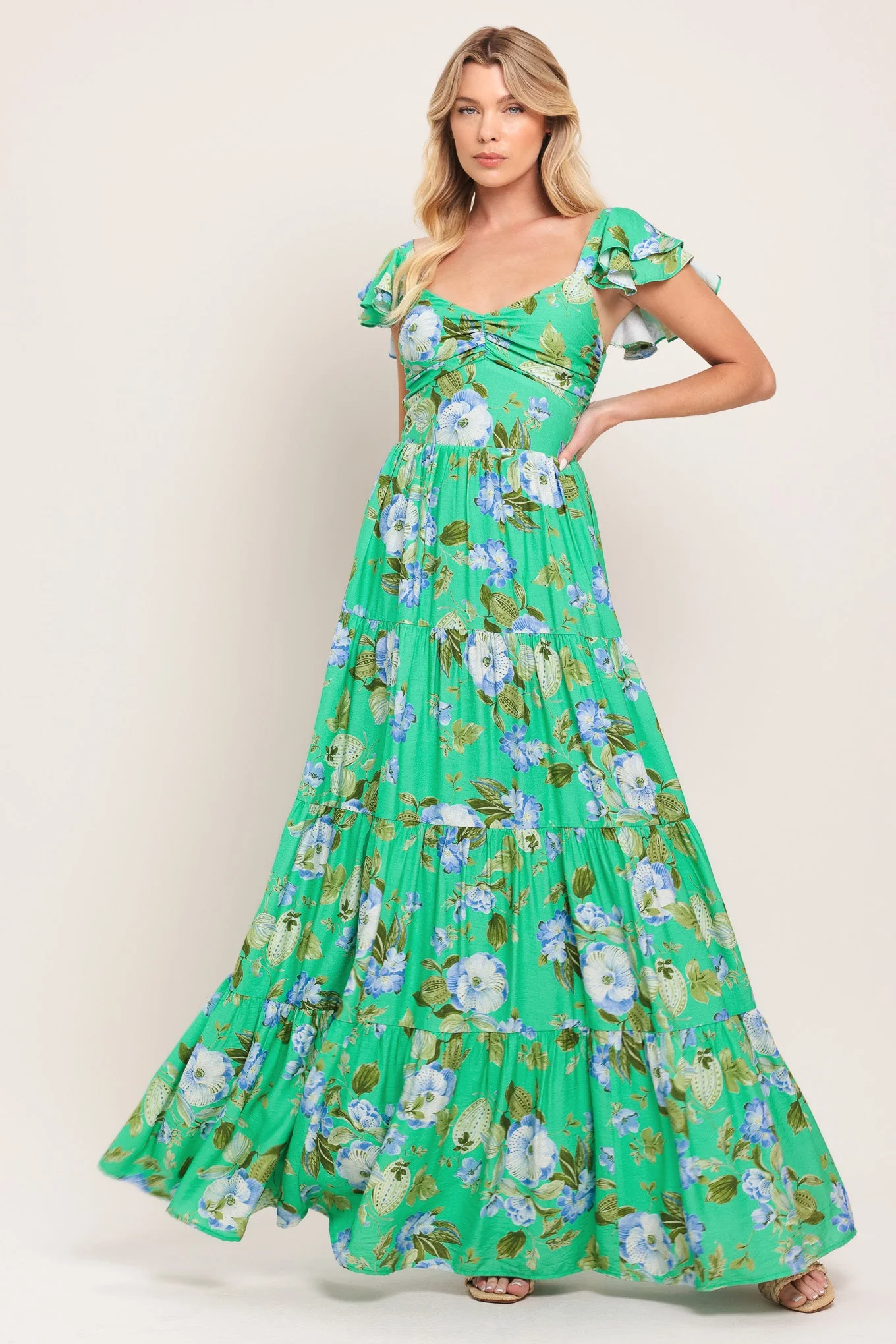 FRESH BLOSSOM GREEN FLORAL MAXI DRESS