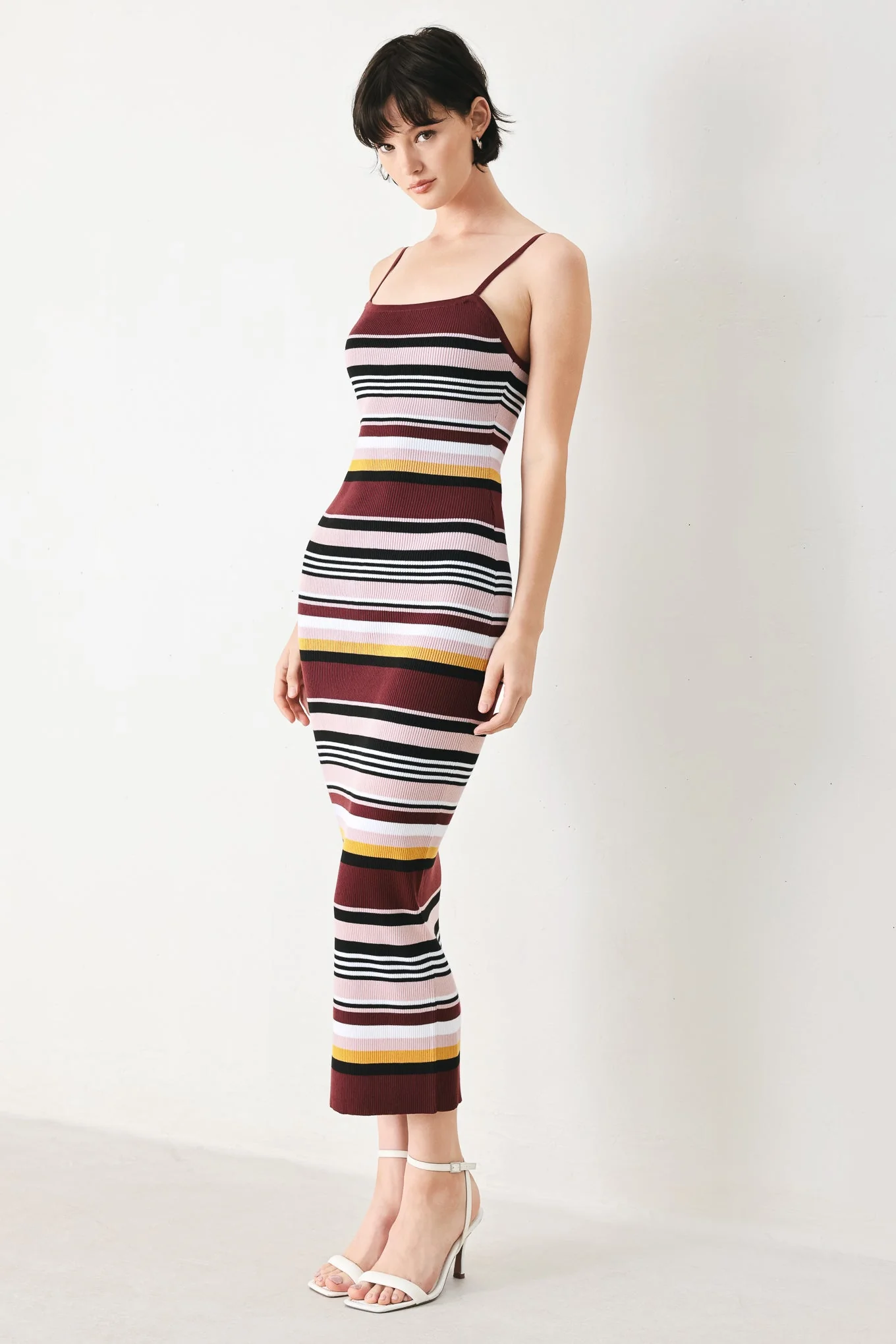 BURGUNDY STRIPE SWEATER KNIT MIDI DRESS - Image 3