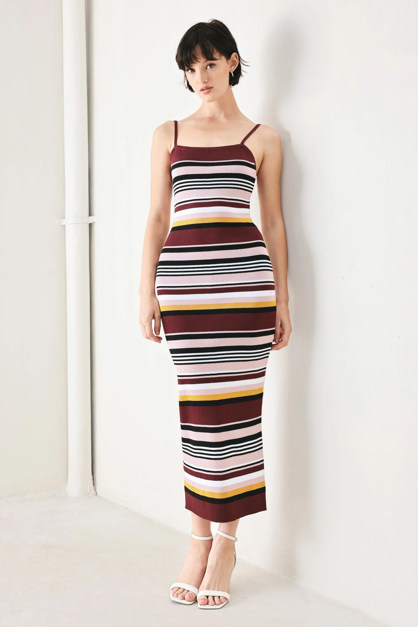 BURGUNDY STRIPE SWEATER KNIT MIDI DRESS - Image 5
