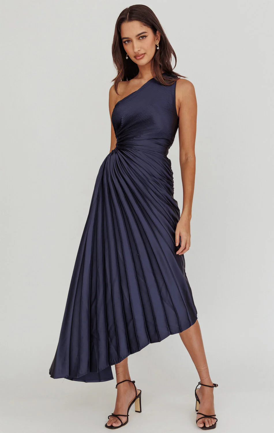 Panama Maxi Dress - Navy - Pleated Dress With Side Cut Out