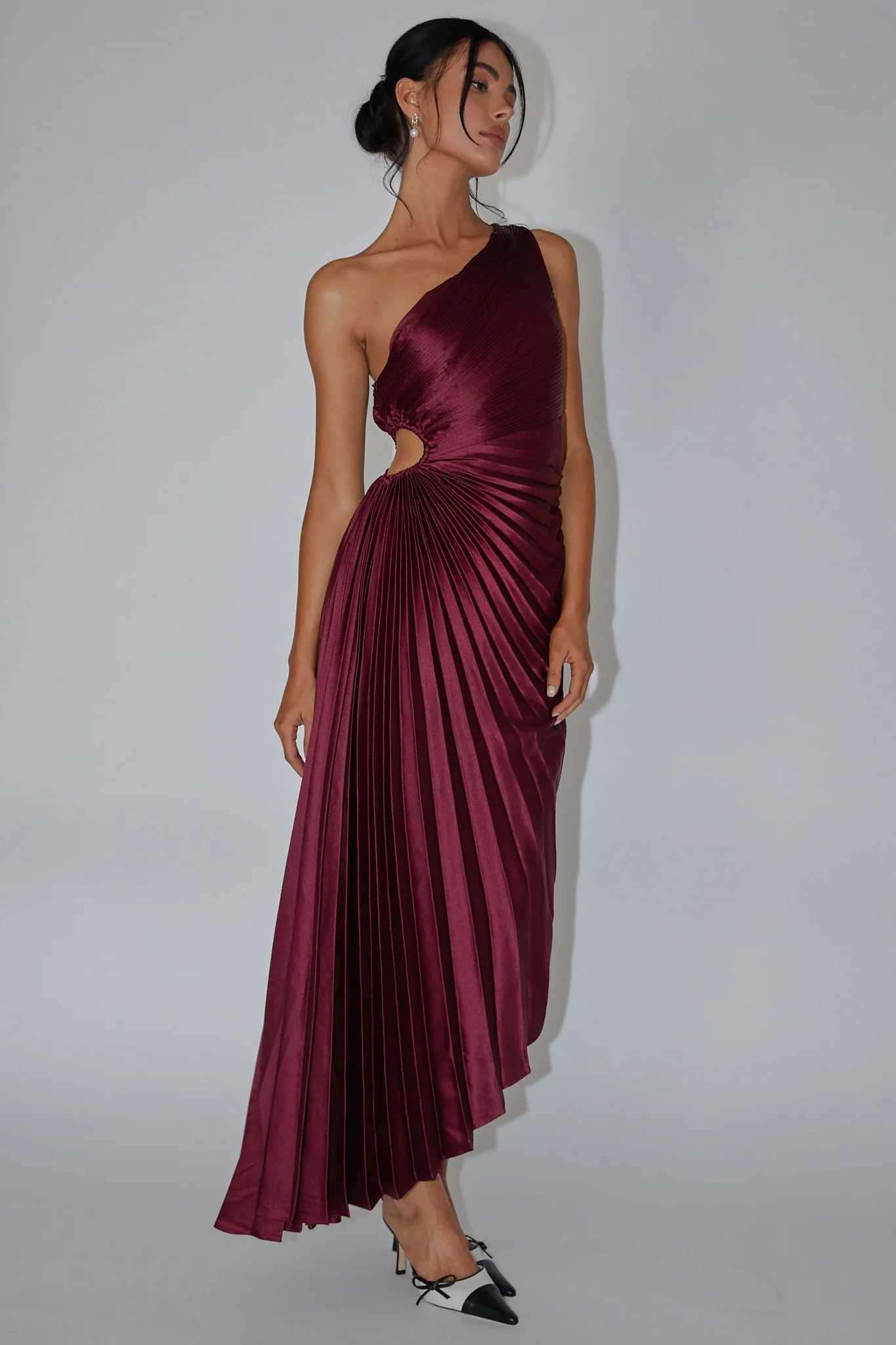 Panama Maxi Dress - Wine - Pleated Dress With Side Cut Out
