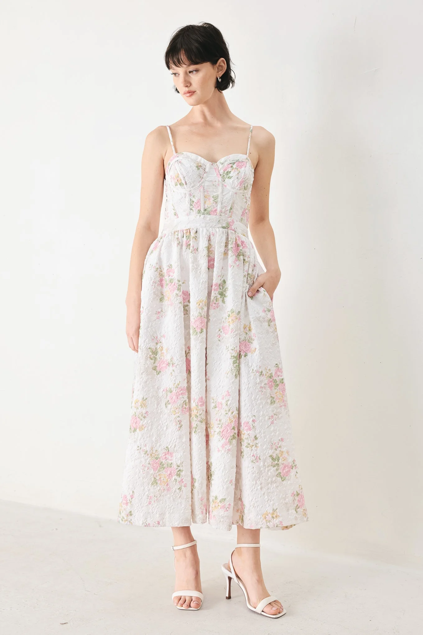 PASTEL ROMANCE WHITE FLORAL MIDI DRESS