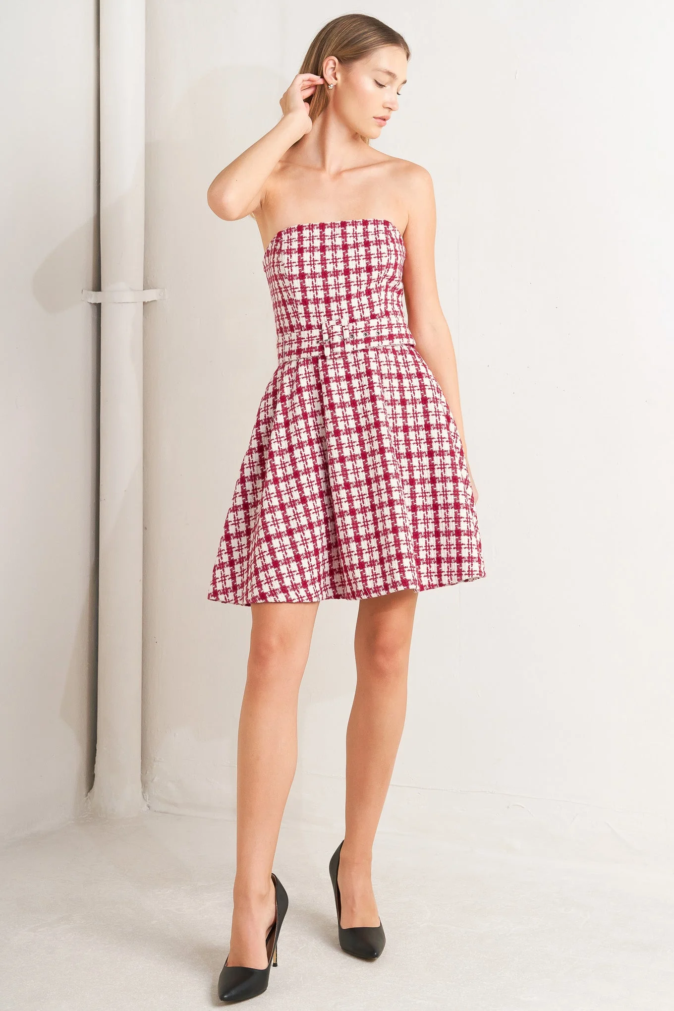 RED CHECK TWEED MINI DRESS - Image 7