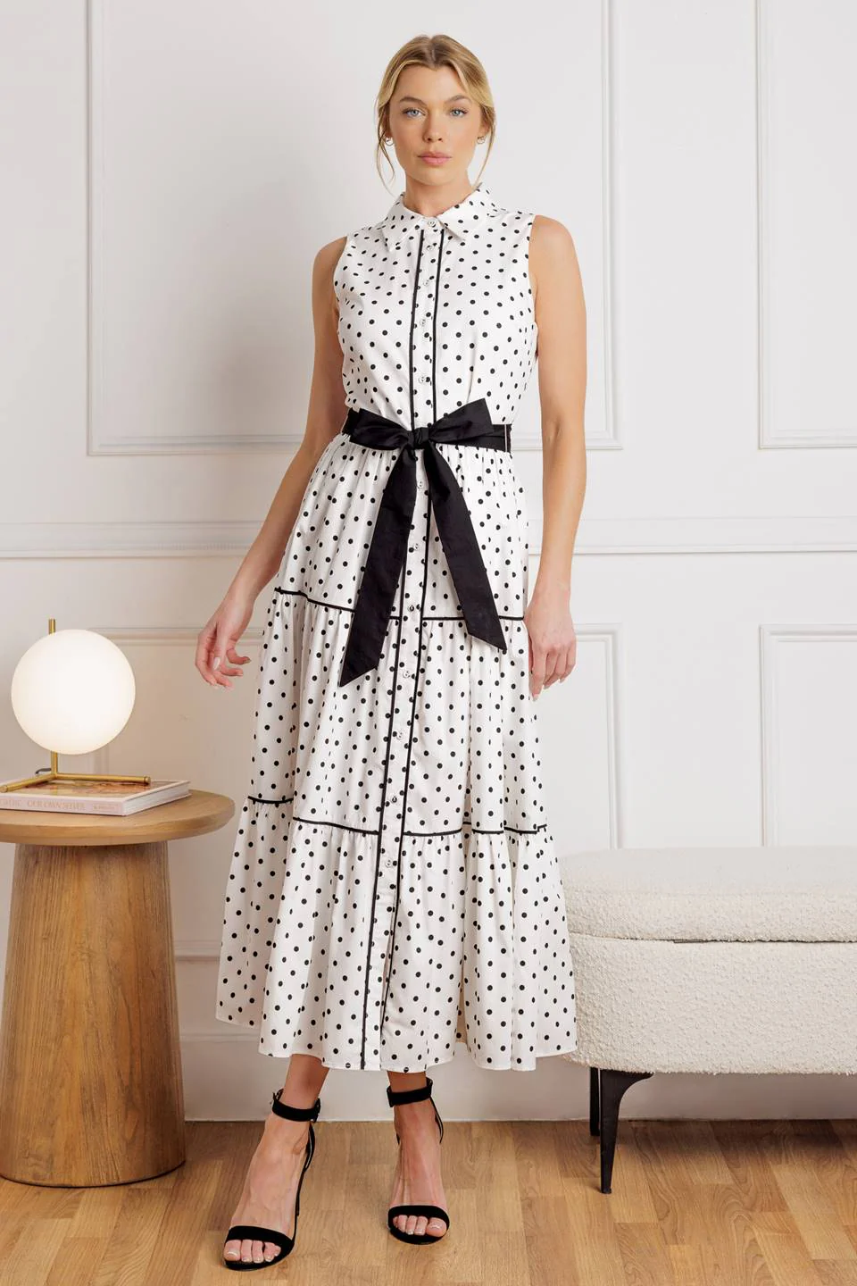 RETRO DOTS - WHITE & BLACK POLKA DOT MIDI DRESS - FINAL SALE