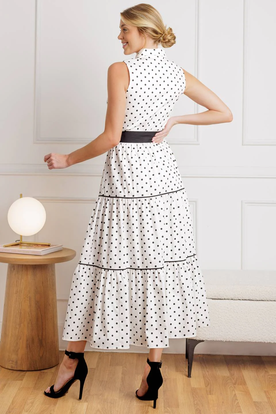 RETRO DOTS - WHITE & BLACK POLKA DOT MIDI DRESS - FINAL SALE - Image 2