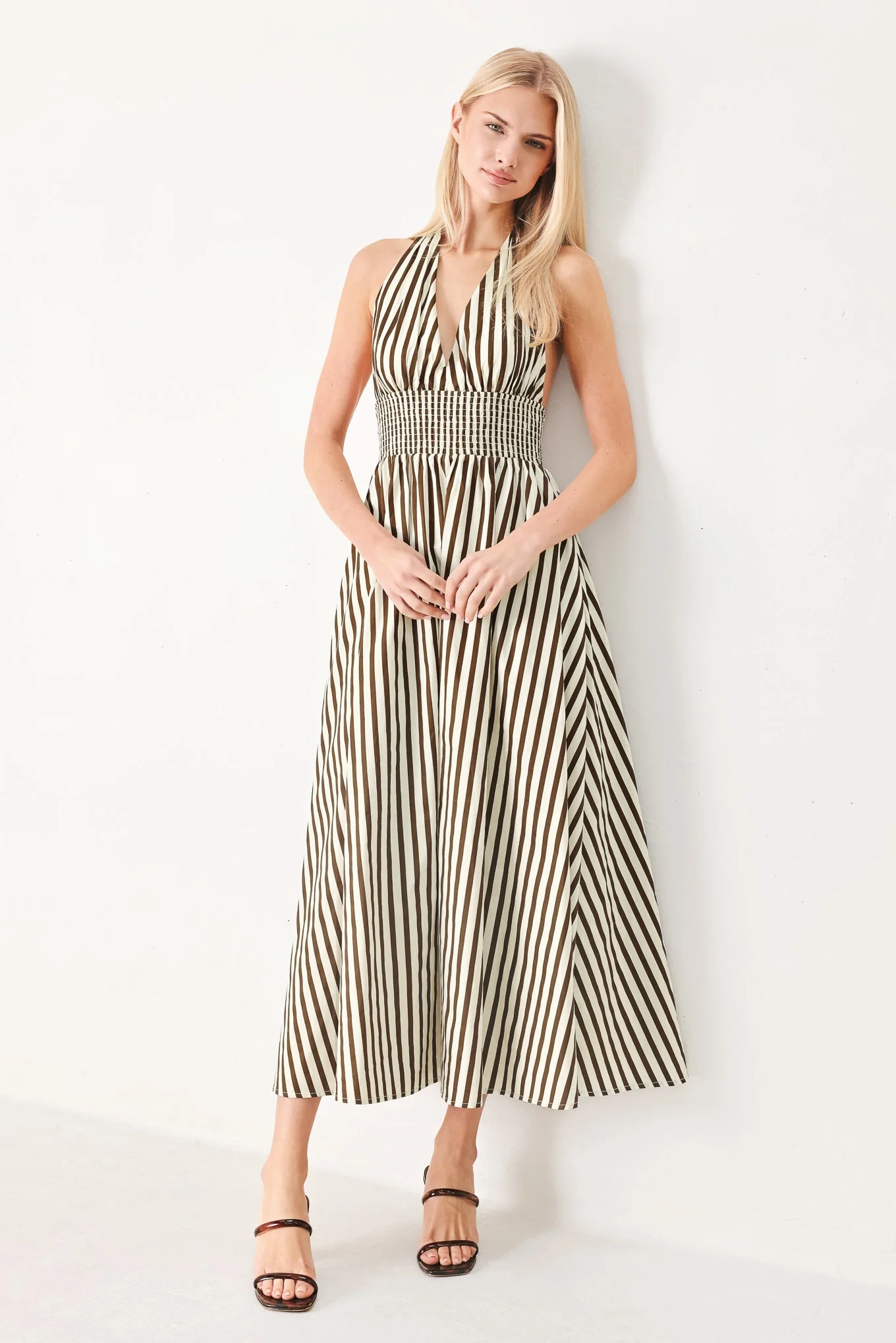 VACATION LINE STRIPED HALTER MIDI DRESS